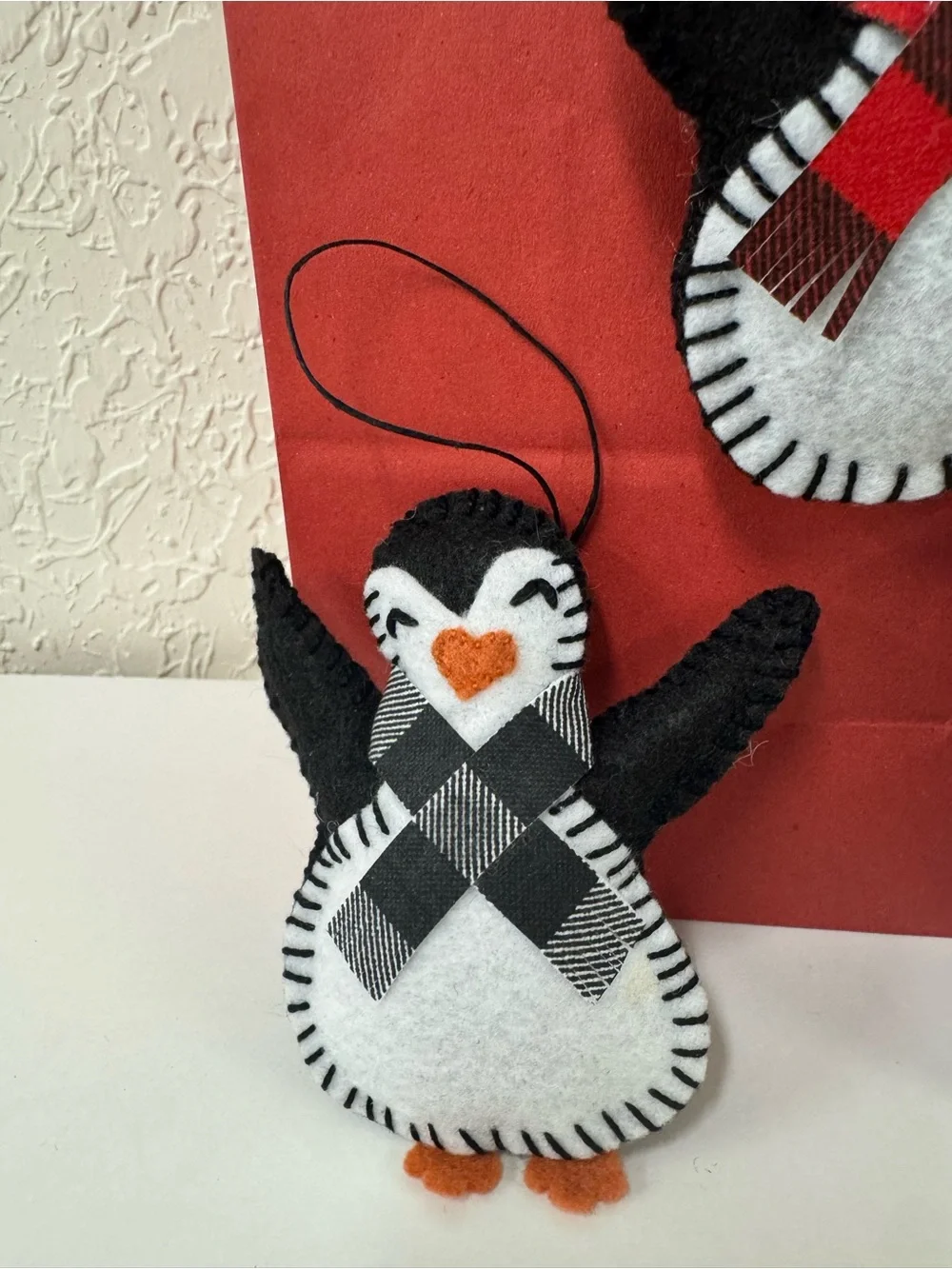 Christmas Ornaments Penguin Handmade felt black white red use as gift bag decor